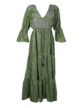 Mogul Women Green Vintage Sari Maxi Dress V Neck With Bell Sleeves Long Summer Dresses SM