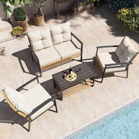LAUSAINT HOME 4-Piece Outdoor Patio Conversation Set All-Weather PE Rattan Furniture with Loveseat 2 Chairs and Table for Backyard Porch Garden and Poolside Beige