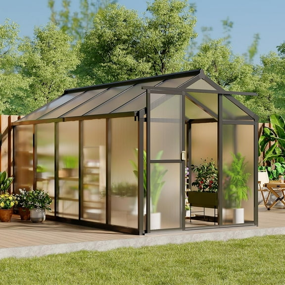 Greenhouse, Easy Assembly Aluminum Polycarbonate Greenhouses for Outdoors with Roof Vent, Large Aluminum Walk-In Greenhouse for Sunroom Patio, Backyard, Garden, Sliding Lockable Door, Black