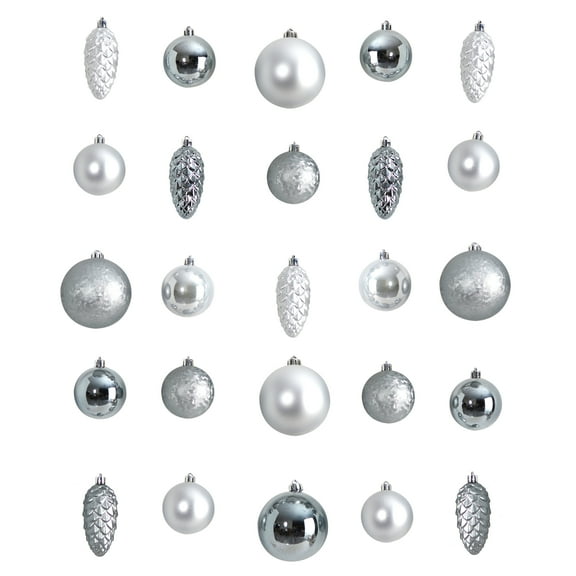 Nearly Natural Silver Plastic Holiday Christmas Lux Shatterproof Ornament Set, 23 Count