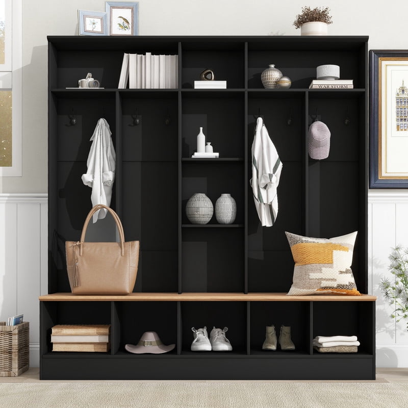 Large Hall Tree with Storage Shoe Bench, Minimalist Cabinet with Cube & Shelves, Home Mudroom Coat Rack with 8 Hooks