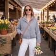 thumbnail image 3 of Dweltoz Women's Plaid Bomber Jacket Stand Collar Zip Up Cropped Coat Lightweight Checkered Long Sleeve Outerwear Oversized Casual Spring Fall Gingham Jacket with Pockets,Navy S, 3 of 5
