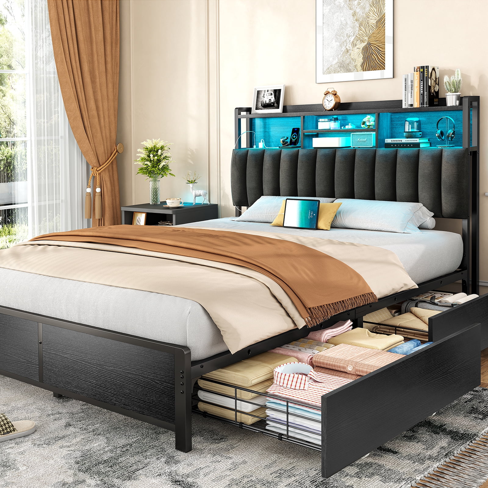 Queen Bed Frame with Charging Station & LED Lights, Bed Frame Queen Size with 4 Storage Drawers, Upholstered Headboard with Shelves, Black, Noise Free