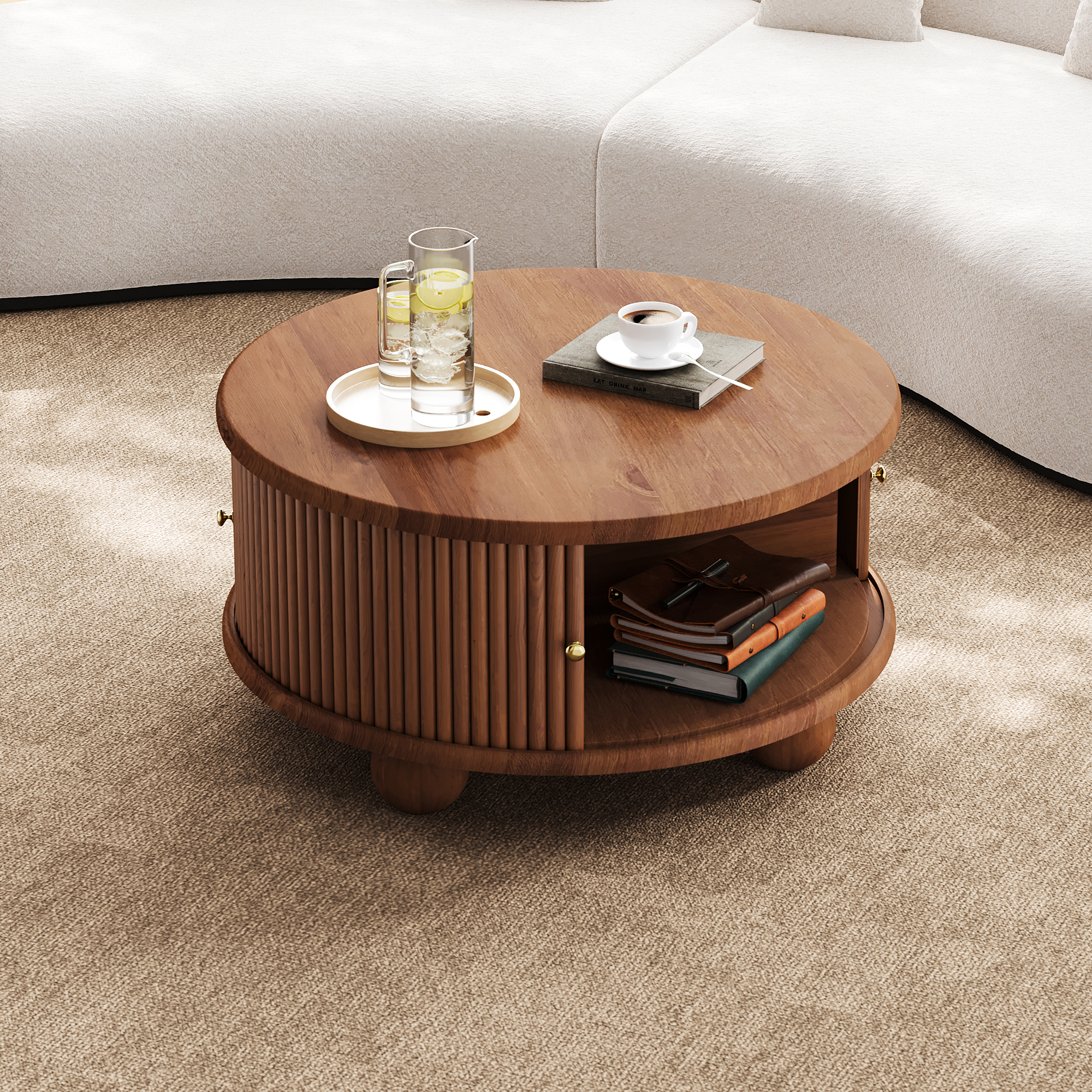 Euroco Round Fluted Coffee Table with Storage, Sliding Door, Walnut, 31.8"