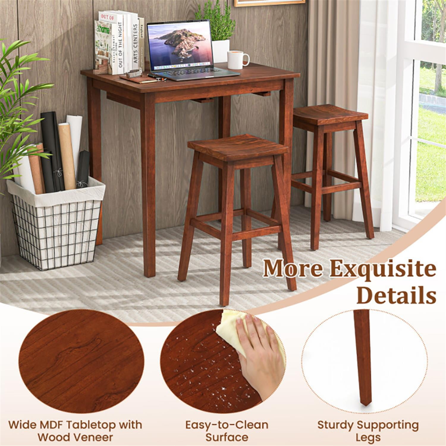 Demi Bonn 3-Piece Bar Table Set with Pub Table and 2 Saddle Stools, 35" Wooden Kitchen Dining Table Set, Perfect for Small Space, Brown