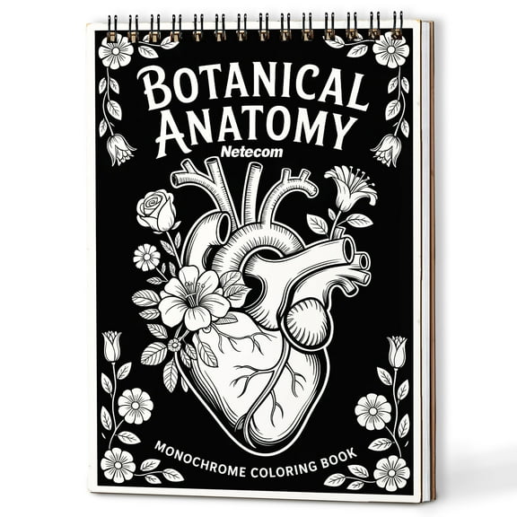 Botanical Anatomy Monochrome Coloring Book Spiral Bound for Adults, A5 Wooden Cover, Relaxing One-Color Illustrations with Anatomy Intertwined With Flowers And Plants for Mindfulness