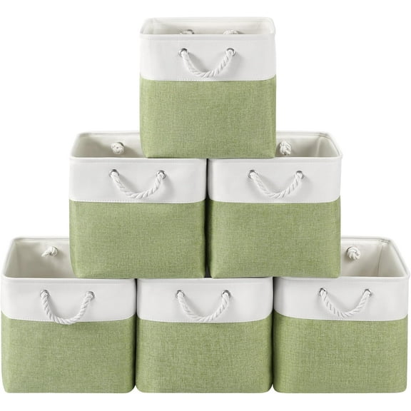 13 x 13 Inch Cube Storage Bins, 6 Pack Fabric Storage Basket with Handles, Foldable Boxes Organizer for Shelf Baskets for Home, Clothes, Toys (White/Green)