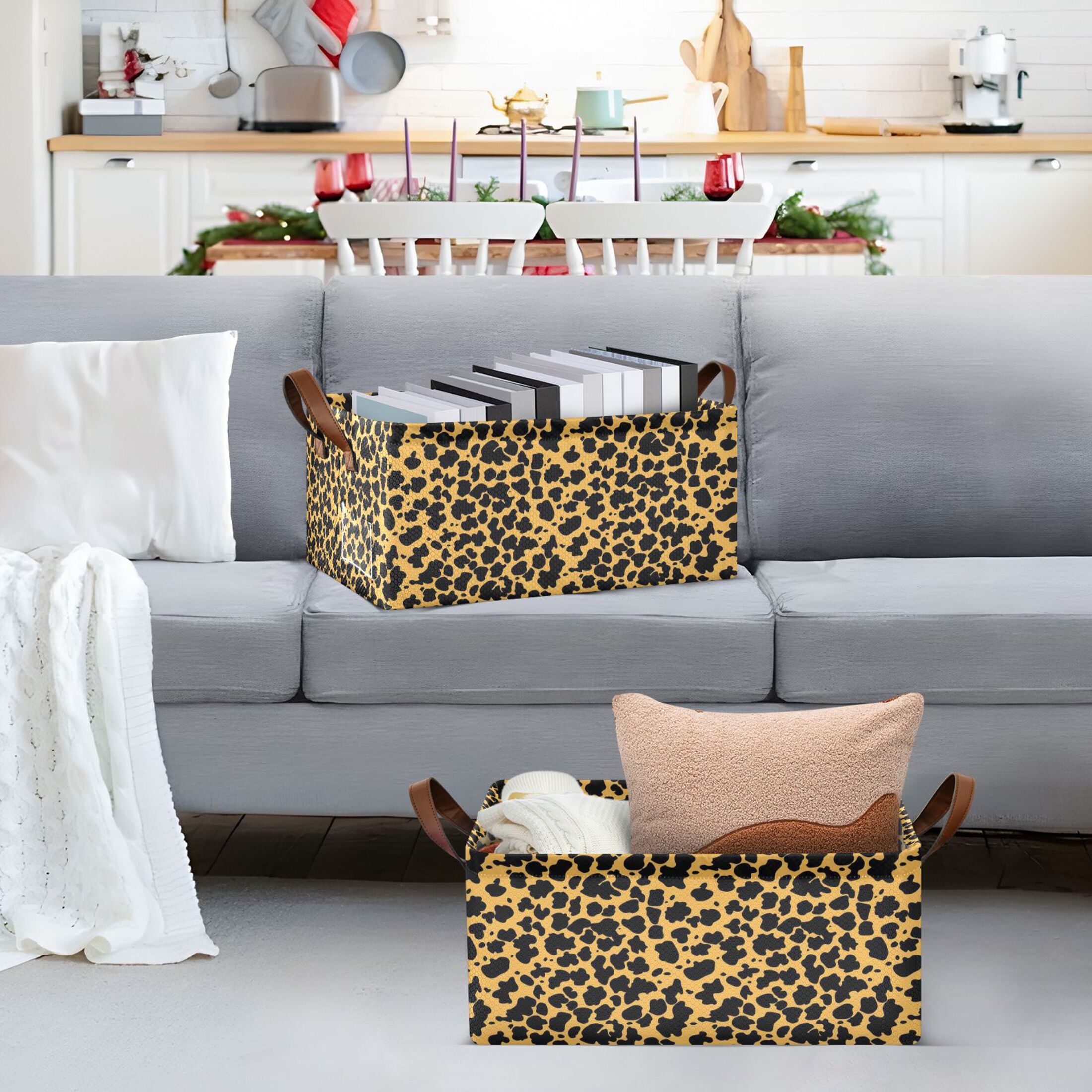 Black Leopard Print Collapsible Storage Bins Fabric Shelf Baskets with Handles 16.9"x11.4"x7.7" Closet Organizer