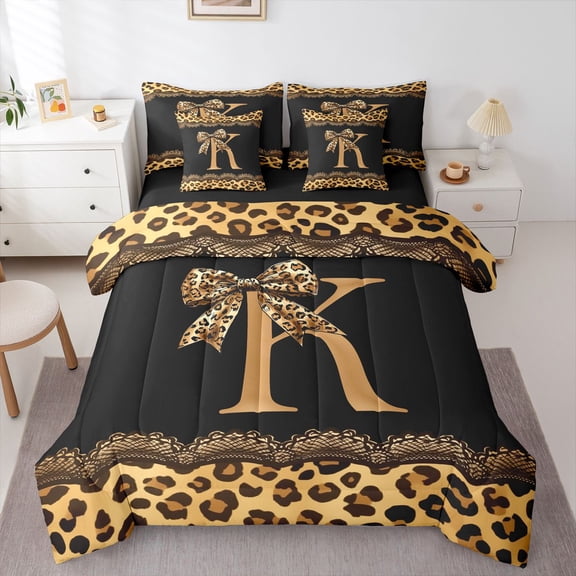 Erosebridal Cheetah Animal Print Kid Twin Bedding Sets, Fashion Ribbon Initial K Bedding Comforter Set, 7pcs
