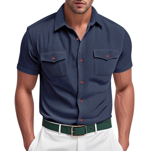 pstuiky Mangas cortas para hombre, Camisa informal de verano para hombre, de color liso, con botones, bolsillo y manga corta con solapa camisas casuales para hombre m