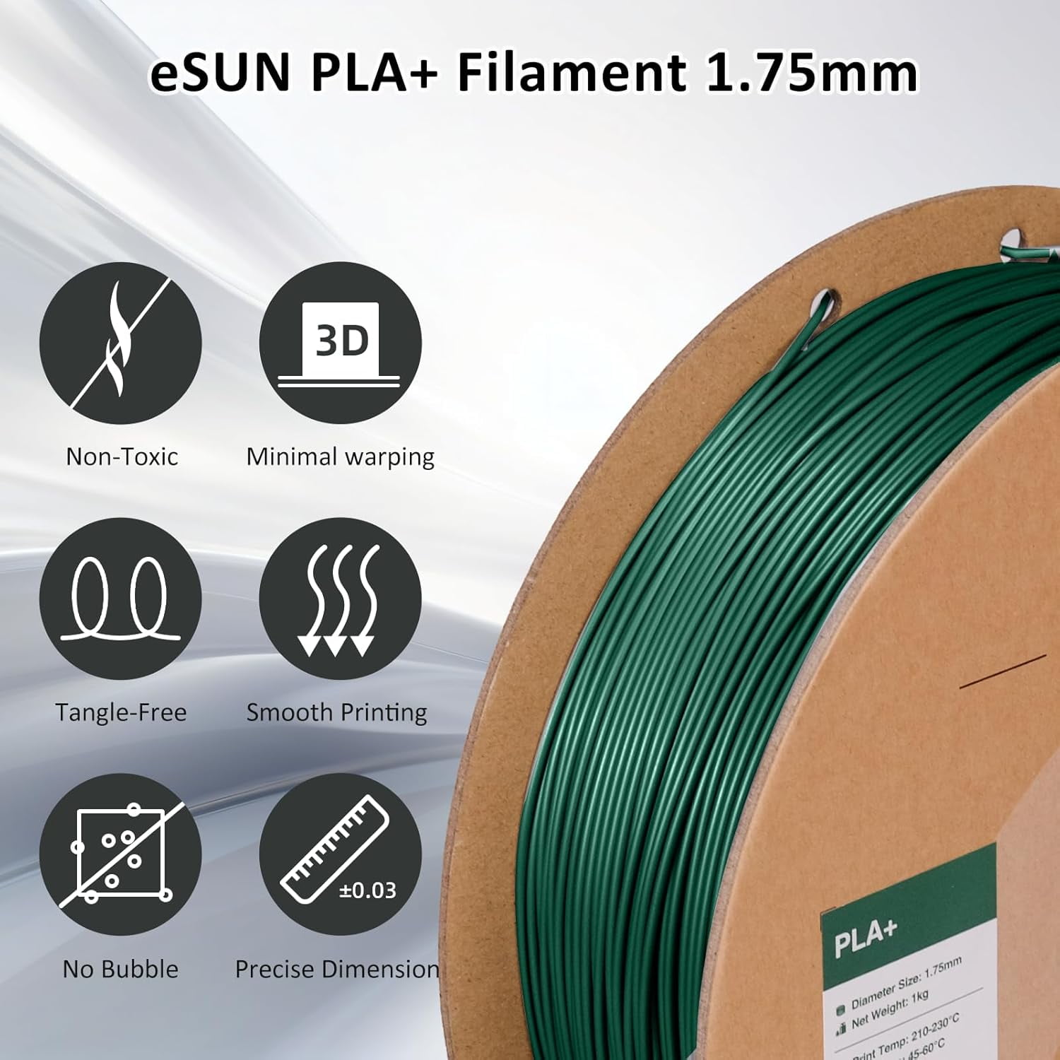 PLA+ Filament 1.75mm 1KG, 3D Printer Filament Dimensional Accuracy +/- 0.03mm, 1kg Cardboard Spool(2.2lbs) 3D Printing Filament, Fits for Most FDM 3D Printers(Pine Green)