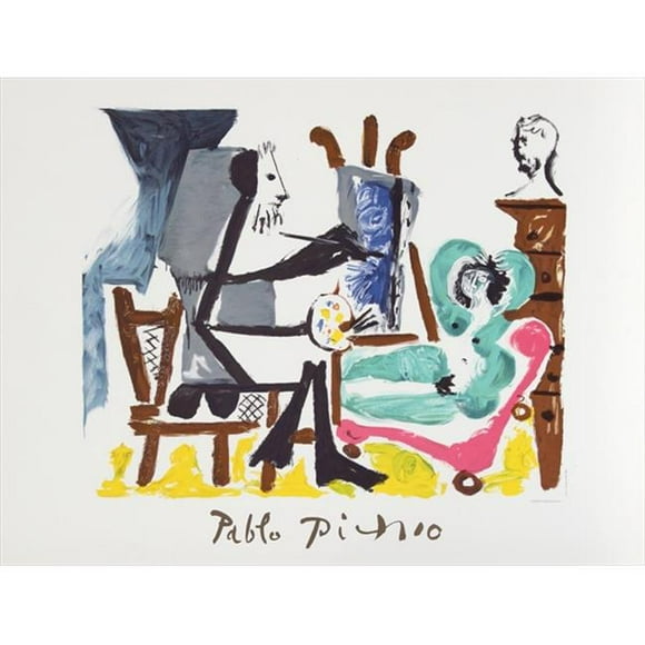 Pablo Picasso 2067 le Peintre et Son Modèle- Lithographie sur Papier 29 Po x 22 Po - Bleu- Vert- Rose- Brun- Gris