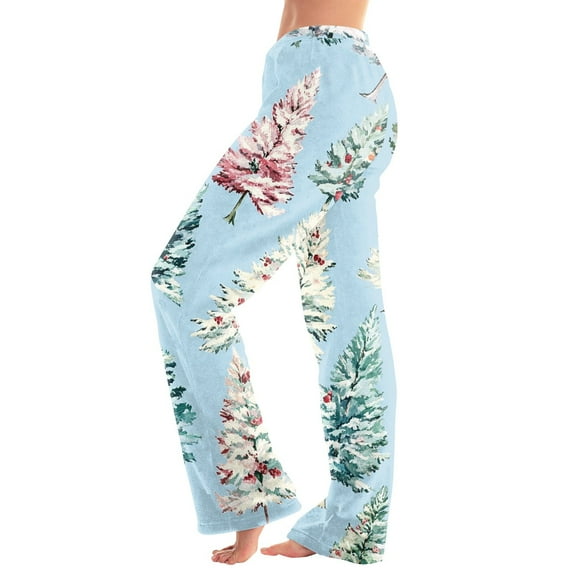 Women's Christmas Printed Plush Casual Pants with Drawstring Elastic Waist, Long Trousers for Home and Casual Wear, Comfortable Design,Sky Blue,XS
