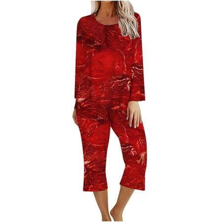 

Jalioing Matching Pajama Set for Women Wide Leg Baggy Pants Long Sleeve Shirts Solid Color Printed Soft Suits Ladies Clothes (Medium Red)