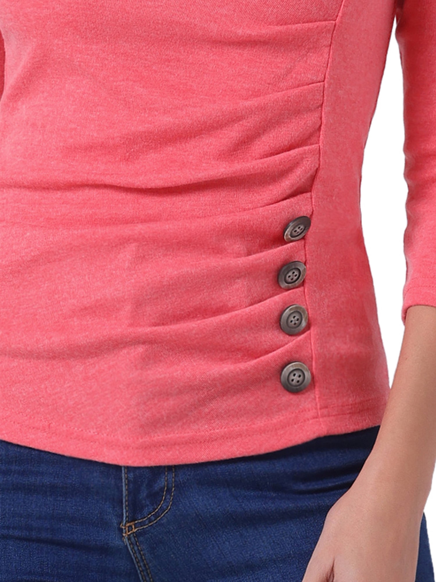 DARING DIVA V Neck Knitted Buttons Decor Ruched Blouse Top XS Watermelon Red