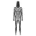 thumbnail image 3 of Zaldita Women Shiny Fishscale Print Long Sleeve Unitard with Hooded Front Zipper Full body Jumpsuit Silver S, 3 of 7