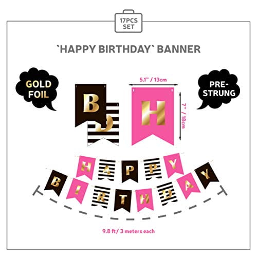 Premium Happy Birthday Decorations for Girls Women Party Set Kit | Hot Pink  Gold Black White | Kate Spade Inspired |Banner Garland Bunting | Paper  Lanterns | Honeycomb Balls | Tissue Fans| Cake Topper 