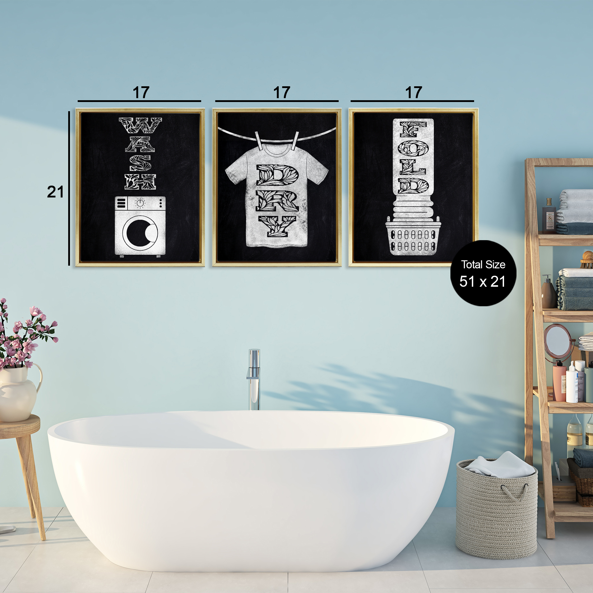 Wash & Dry Ornate Letters 3 Piece Gold Framed Floater Canvas Set, design by Marcus Prime