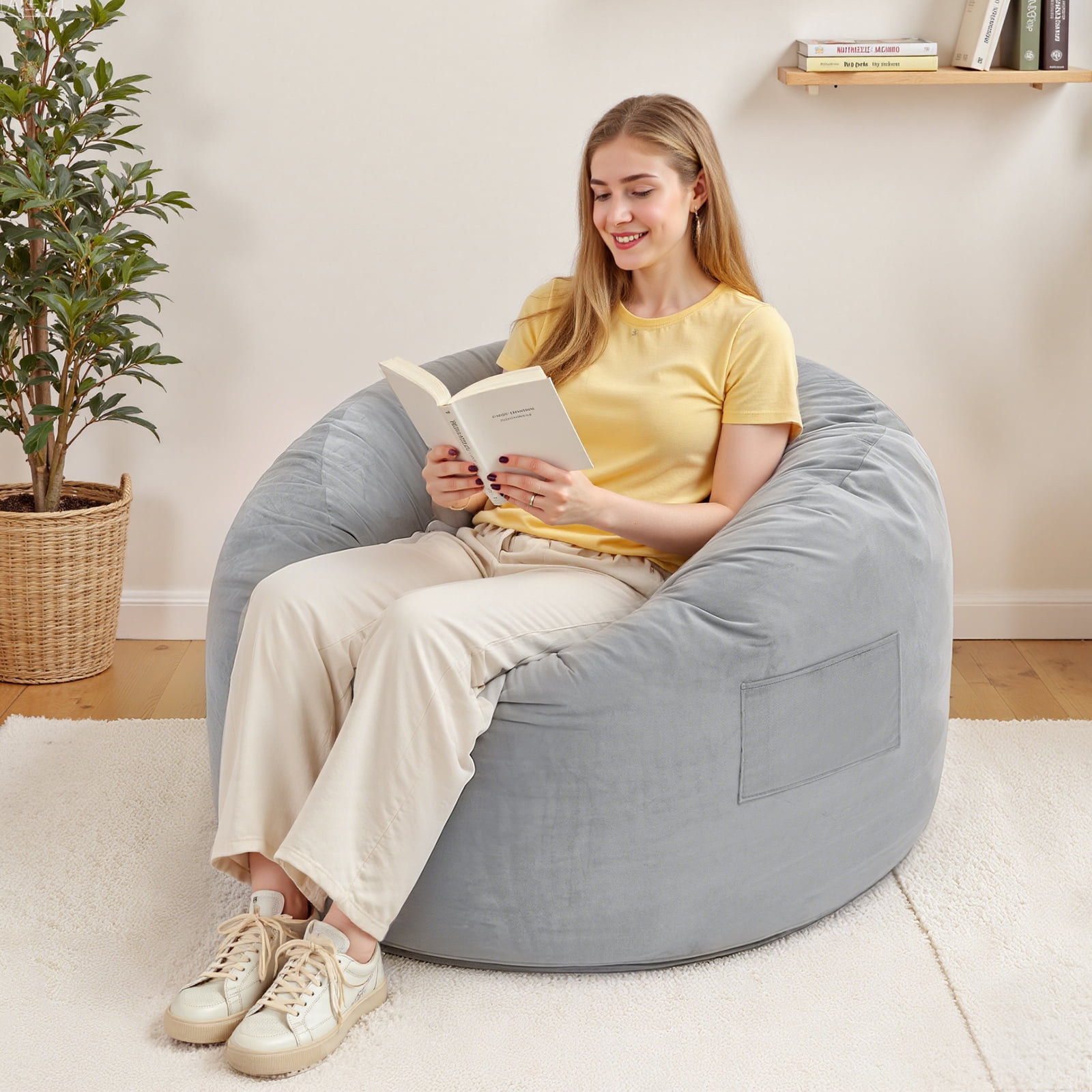 Lusimo Giant Bean Bag Chairs Bean Bag Bed with Foam Filling, Convertible Bean Bag Chair Bed with Washable Velvet Cover and Side Pocket for Adults, Family, Living Room, Gray, Full Size