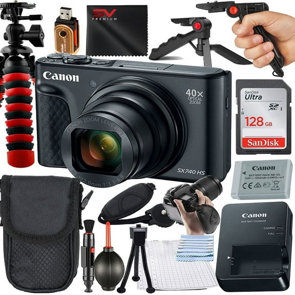Canon PowerShot SX740 HS Digital Camera (Black) with 2 Pack SanDisk 128GB Memory Card   Case   Tripod   SV Premium Accessory Bundle (International Version)