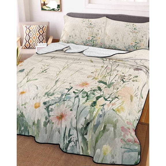 Botanical Floral King Size Down Alternative Comforter, Lightweight Comforter Quilt Bedding Set with Pillow Shams Summer Spring Farmhouse Flowers All Seasons Bed Comforter Duvet Insert 96"x106"