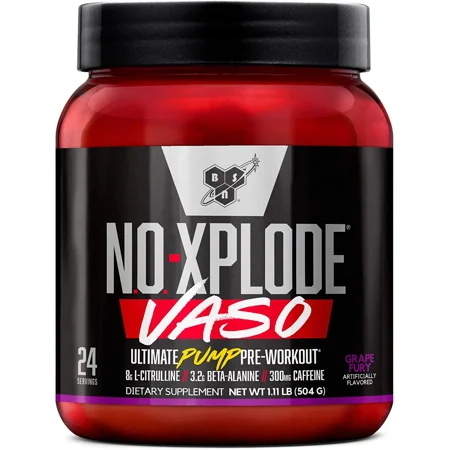 BSN N.O.-XPLODE Vaso Pre Workout Powder with 8g of L-Citrulline and 3.2g Beta-Alanine and Energy, Flavor: Grape Fury, 24 Servings
