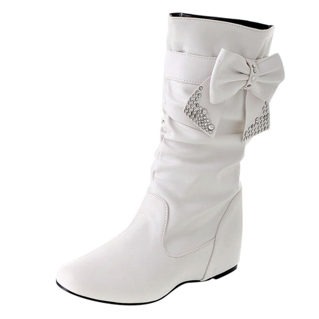 WEAIXIMIUNG Bottines en Suède Brun Foncé pour Femmes Rétro Femmes Strass Nœud Papillon à Talons Bas Bottes Mi-Mollet Bout Rond Chaussures