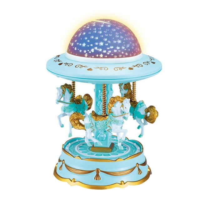 Boîte à Musique Carrousel Bleu avec Projection Étoilée Cheval Rotatif Boîte Musicale à Remonter 7.5X5.5X5.5 Pouces 0.74Lb Veilleuse Rêveuse