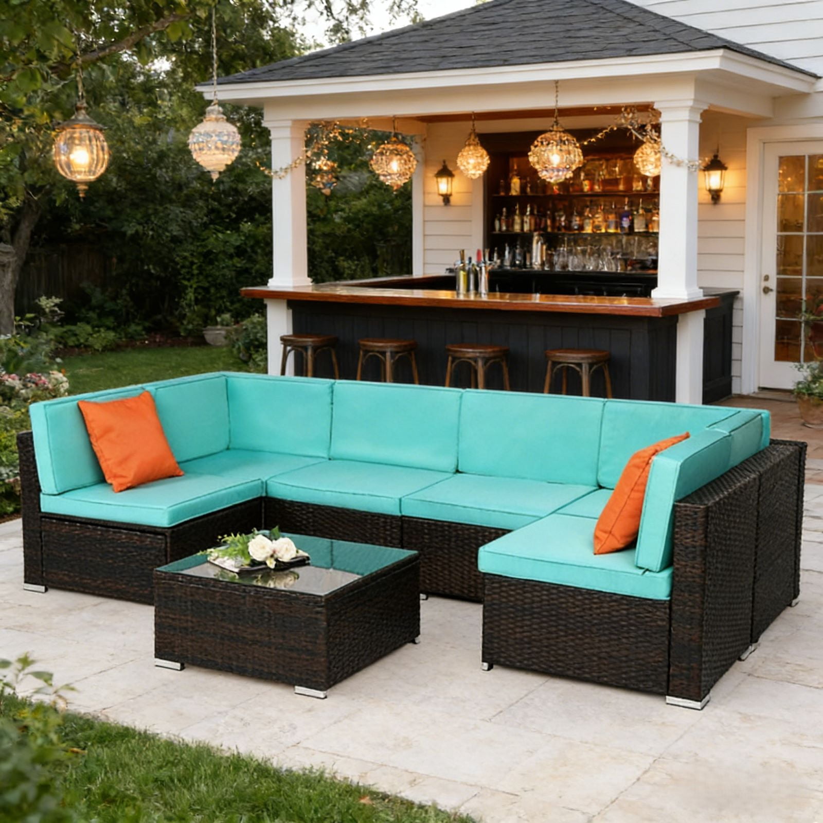 Ktaxon 7 Piece Black Rattan Sofa Set Lake Blue Cushions with Storage Table Boho Living Room Furniture