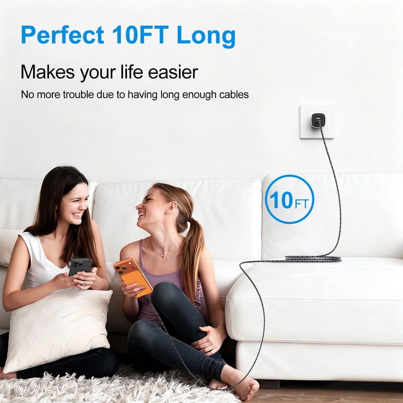 2.1A Dual-Port Fast Wall Charger Block, Phone Charger with 2Pcs 10FT Cables, Power Adapter Compatible with iPhone 17/16/15 Pro Max iPad Pro Galaxy S26 Android,Black
