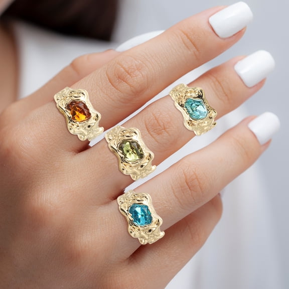 Chunky Gold Rings Set for Women Adjustable Crystal Stackable Ring Open Vintage Statement Jewelry, Golden Tone, 4 Pack