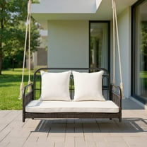 GVN 880LBS Wicker Hanging Porch Swing with Cushions-White, Porch Swing Hanging Bench, Wicker Outdoor Swing Bench with Cushion and Pillow for Patio, Yard, Garden