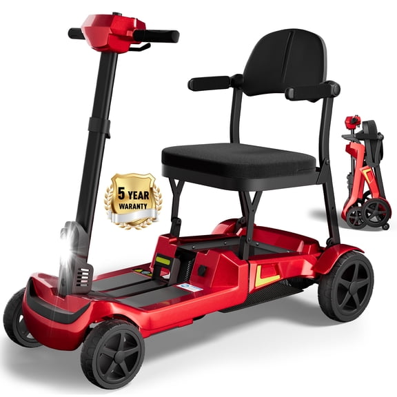 COOLHUT Foldable 4-Wheel Mobility Scooter for Adults, 35lbs Ultra Lightweight Mobility Scooter, 25  Mile Long Range, Power Scooter with Removable Dual Lithium Batteries, 300 lbs Capacity, Red