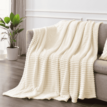 Throw Size Blanket, 230GSM Extra Soft Lightweight Bed Blanket with Strip , Plush Fuzzy Cozy Throws for Couch, Bed, Sofa Cozy, Warm and Breathable, 50x60" Beige