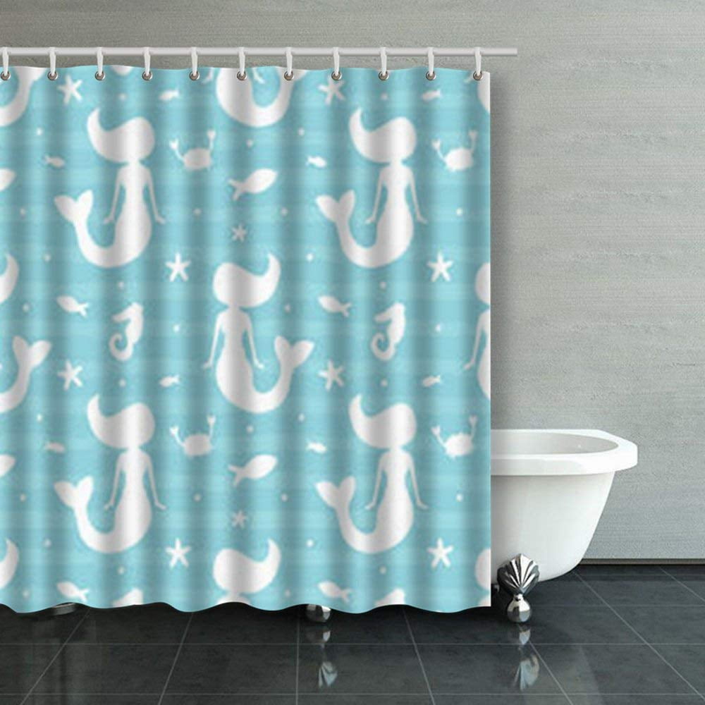 BPBOP Sea Life Seamless Pattern Silhouettes Mermaid Shower Curtains