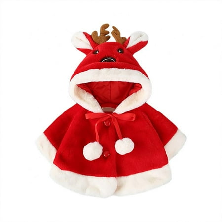 

Baby Girls Fur Poncho Cape Cartoon Elk Hooded Cloak Pompom Kids Fleece Jacket Coat Toddler Christmas Outfits Outwear 0-3 Years