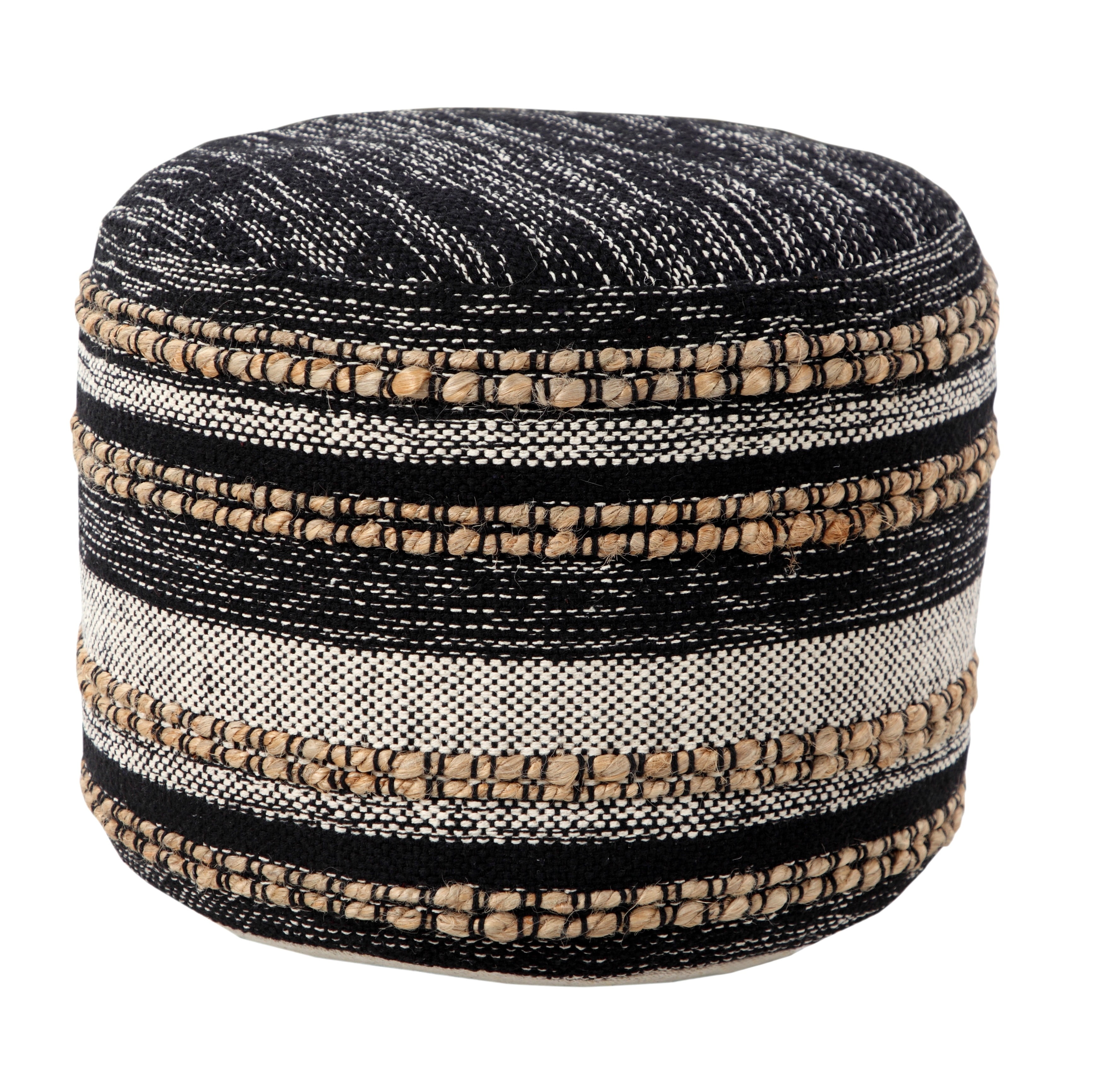 LR Home Round Black/Gray Striped Cotton and Jute Pouf Ottoman, 14" H x 18" W