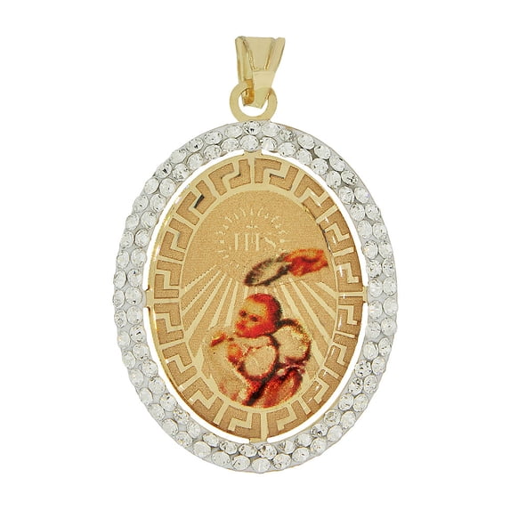 14k Yellow Gold, Reversible Religious Baptism Christening Virgin Mary Charm Created CZ Crystals 20mm with 20" Dainty Neck Chain