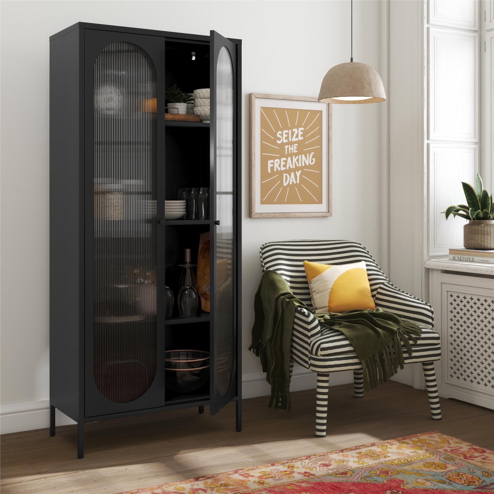 Mr. Kate Luna Tall 2-Door Accent Cabinet with Fluted Glass, Black