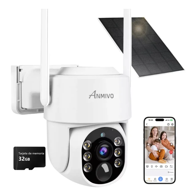 ANMIVO MX-SD07-4MP-TF32 Cámara De Seguridad Carga solar WiFi 4mp Exterior Impermeable Alarma DOMO 2k resolución Visión nocturna en color con TF Tarjeta de memoria de 32 GB color blanco
