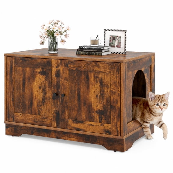 SUGIFT Cat Litter Box Enclosure Furniture, Wooden Cat House Nightstand with Hidden Compartment, End Side Table Pet Enclosure, Brown
