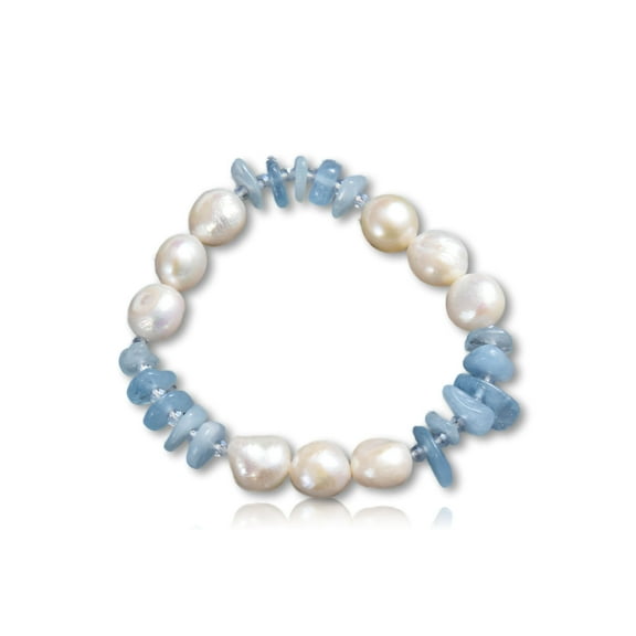 Genuine White Freswater Pearl & Genuine Aquamarine Stretch Bracelet for Women