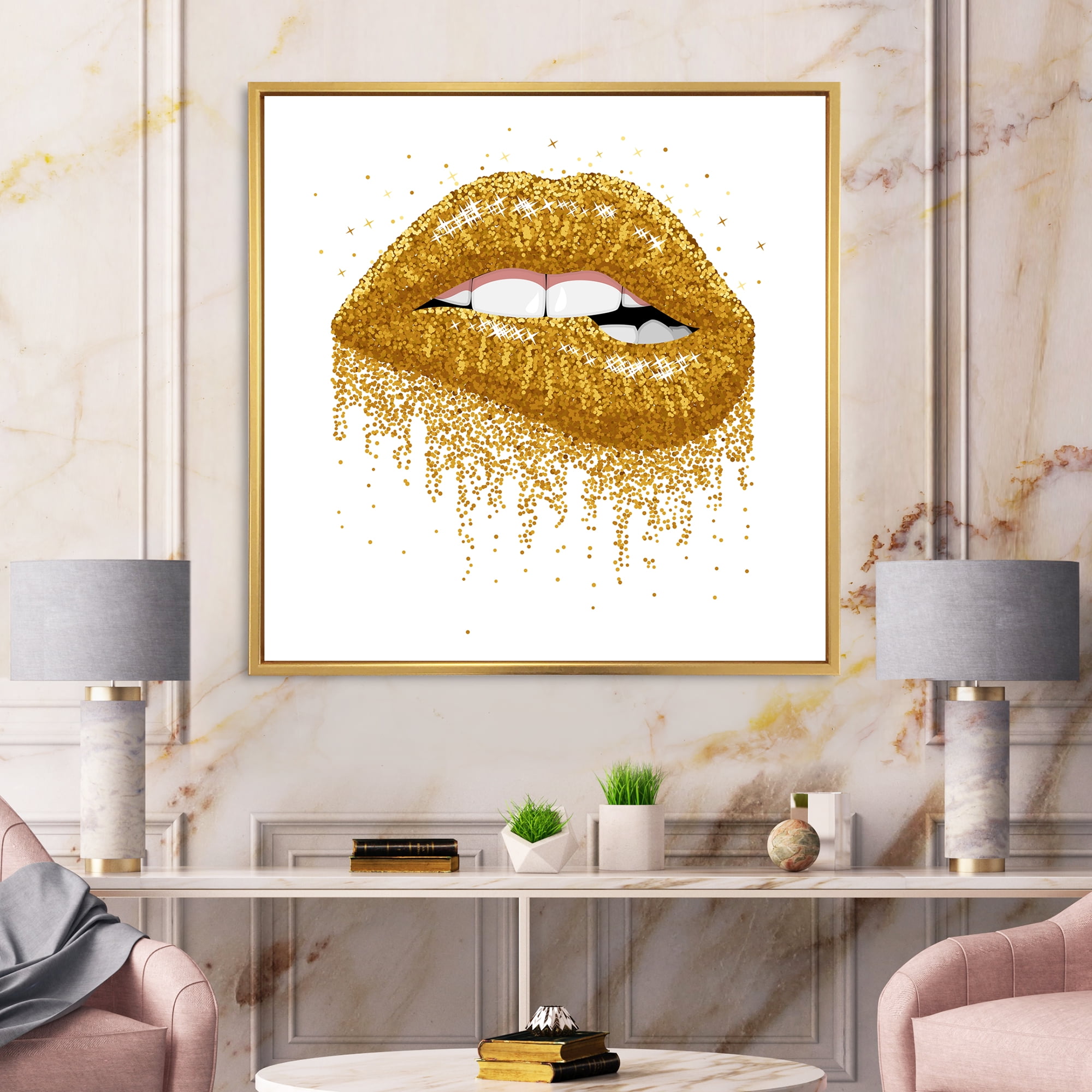 Girl Lips With Glitter Gold Sparkles 16 in x 16 in Framed Painting Canvas Art Print, by Designart