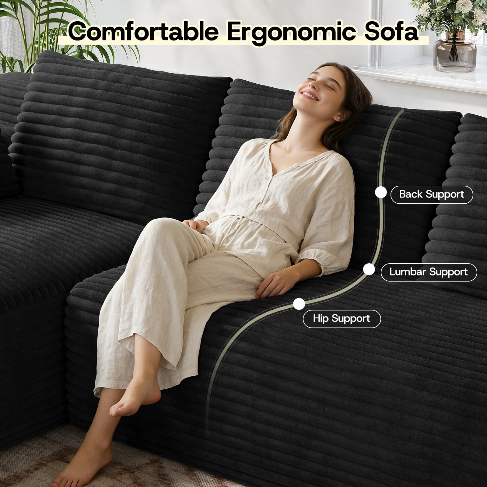 Patbrela 106" Sectional Couch for Living Room, L-Shaped Boneless Cloud Couch Corduroy Modern Sectional Sofa with Deep Seat and Thickened Cushion, No Assembly Required, Black