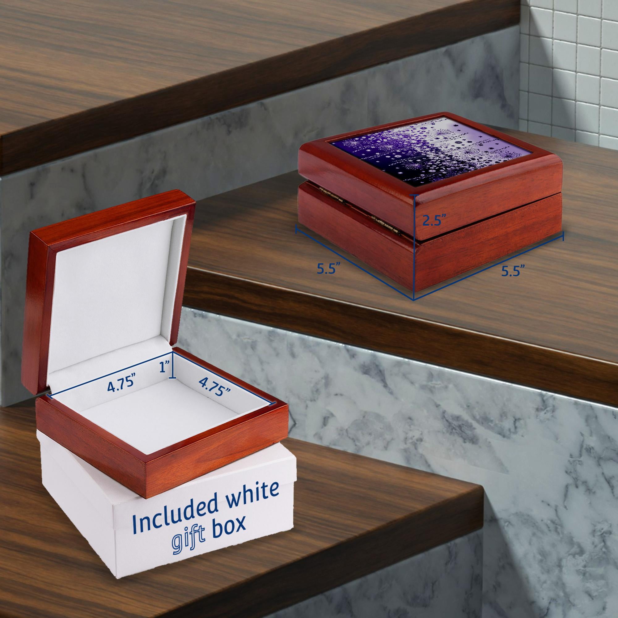 3dRose, Purple and White Floral, Jewelry Box 5.5x5.5 inch with 4 inch tile