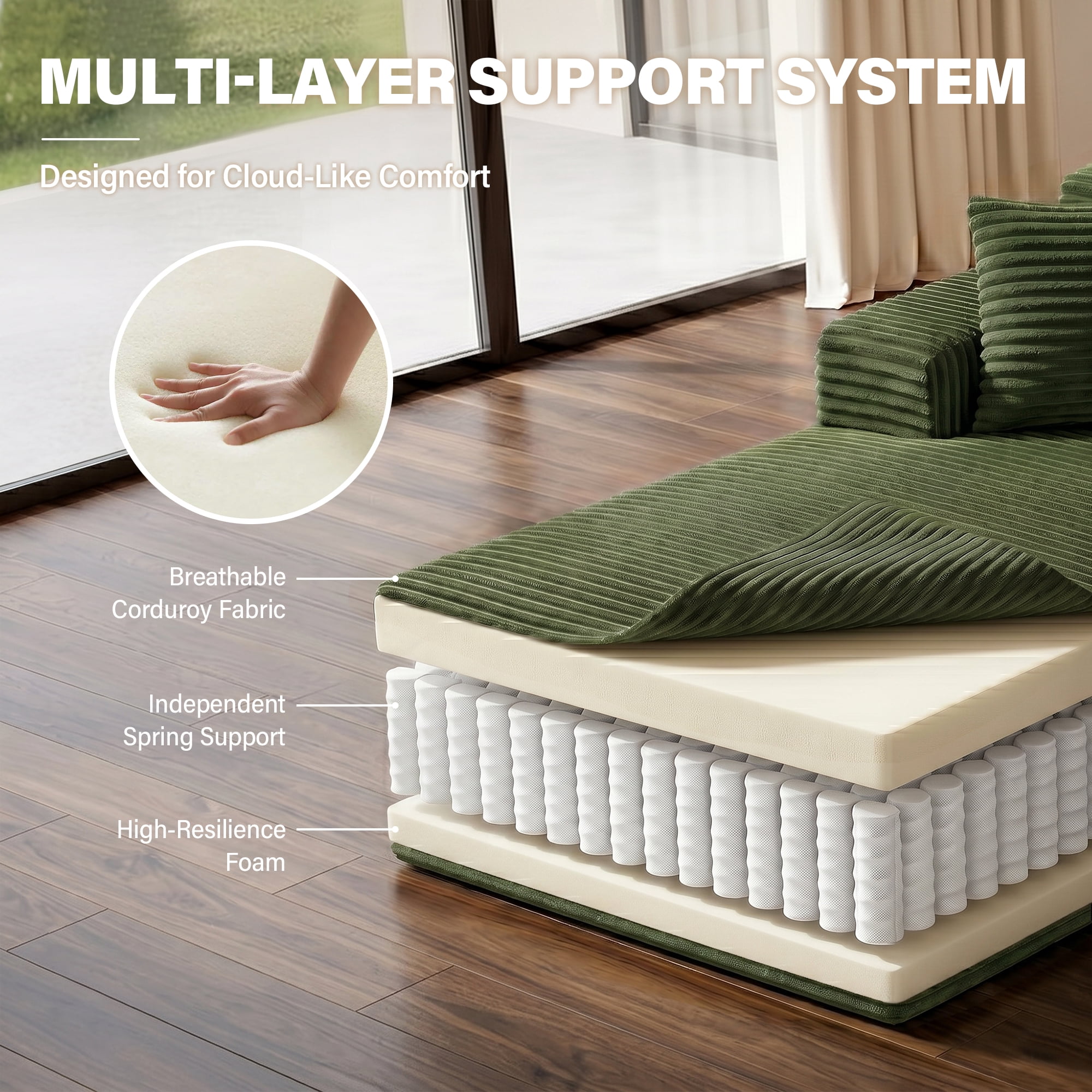 Aukfa 96" Cloud Sectional Couch, Modular L Shaped Boneless Sofa with Left Facing Chaise&2 Storage Pockets, Green