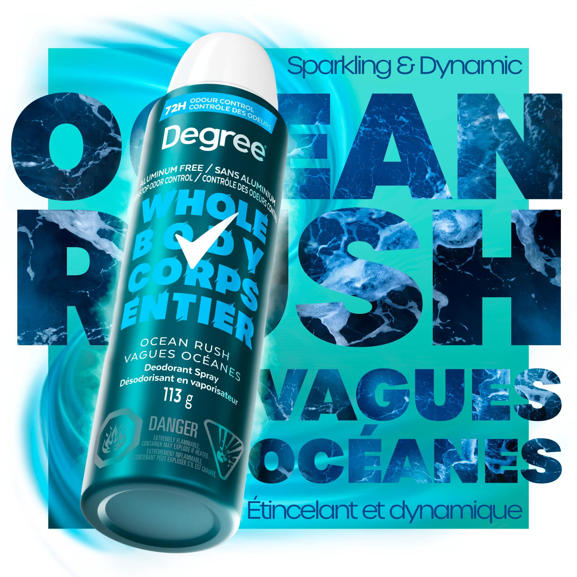 Degree Men Men Whole Body Deodorant Spray, Ocean Rush Scent, Aluminum Free 72H Odour Protection 113 g