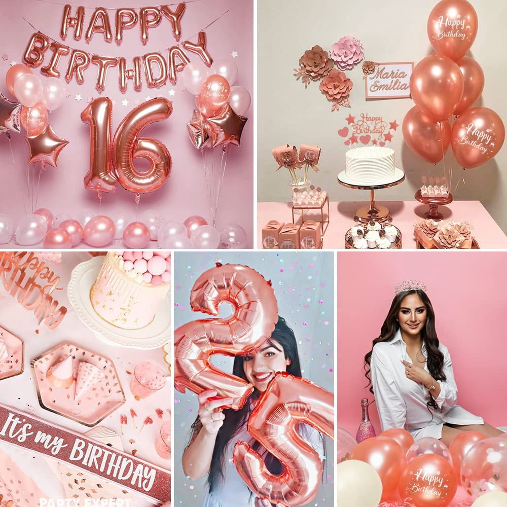 YANSION Birthday Decorations Women Rose Gold, Beige Rose Gold Birthday Balloons with Happy Birthday Banner Tablecloth Curtain Pompom Confetti Balloons, Girl Birthday Decorations