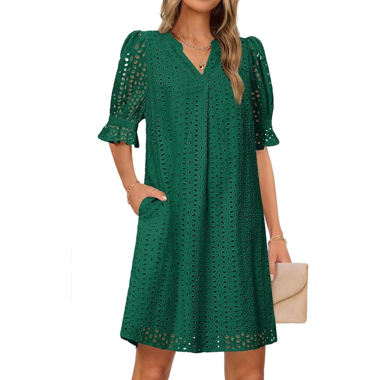 Zjxfgs Flattering Dresses For Apple Shape Tiered Mini Casual Shift Dress Women's V Neck Short Sleeve Hollow Out Lace Ruffle Dresses With Pocket Eyelet Zjxfgs Flattering Dresses For Apple Shape Tiered Mini Casual Shift Dress Women's V Neck Short Sleeve Hollow Out Lace Ruffle Dresses With Pocket Eyelet