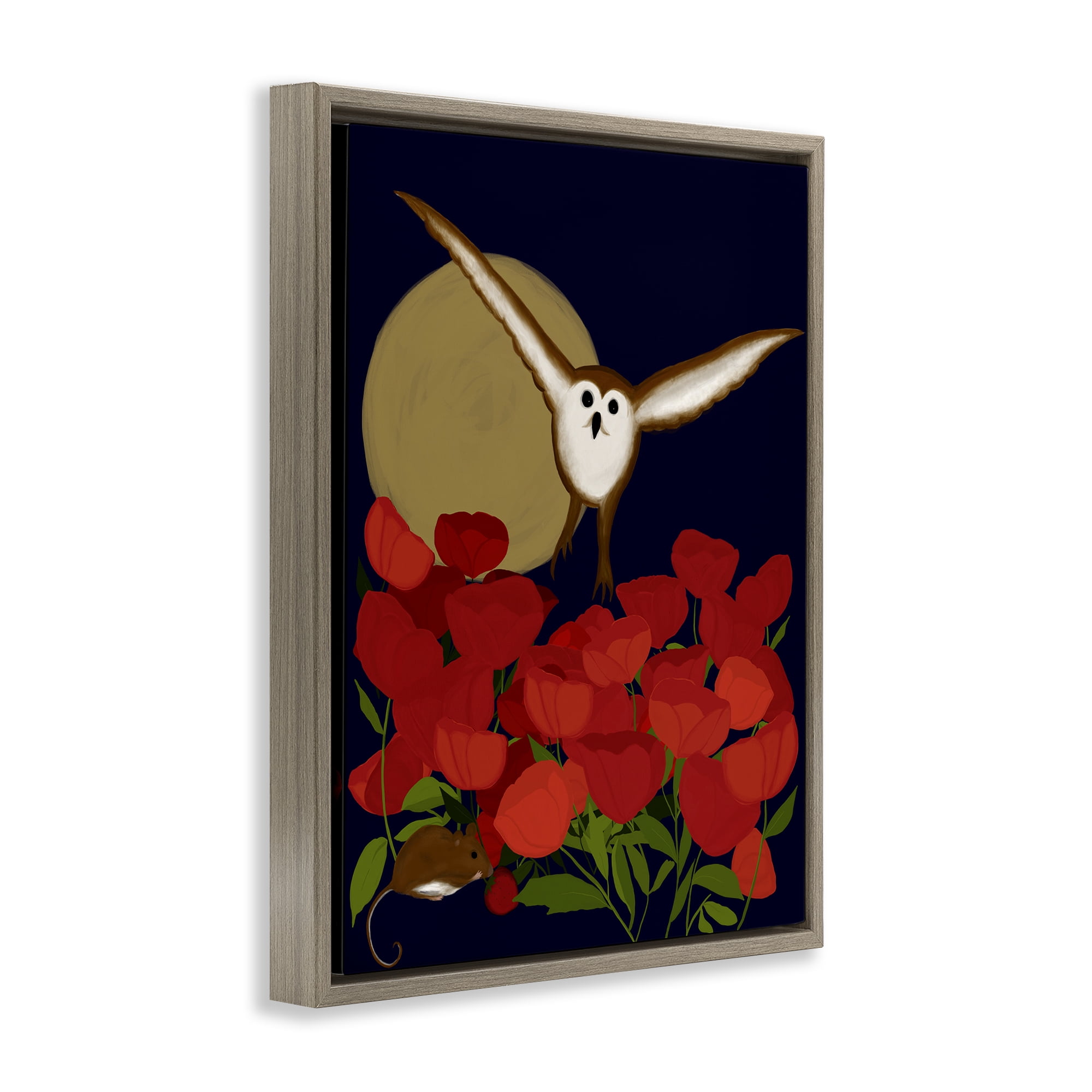 Stupell Industries Owl over Poppy Field Animals Painting Brown Floater Framed Canvas Art Print Wall Art, 17 x 21
